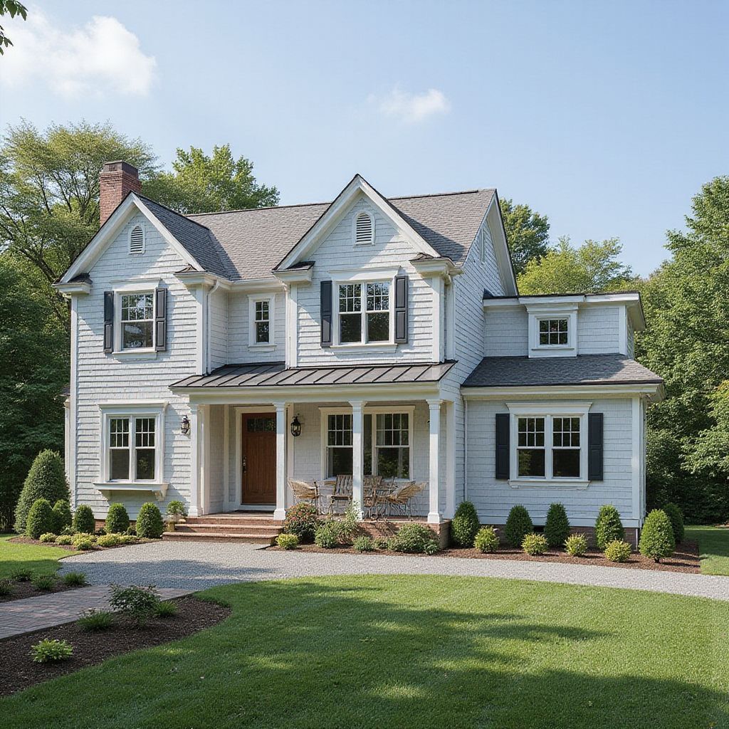 Two-story white house with black shutters and brown door, on a green lawn with a gravel driveway.