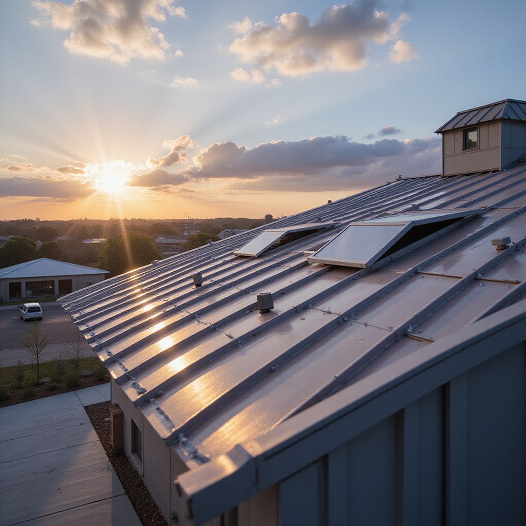 Metal roof with skylights and small structure, illuminated by the setting sun.