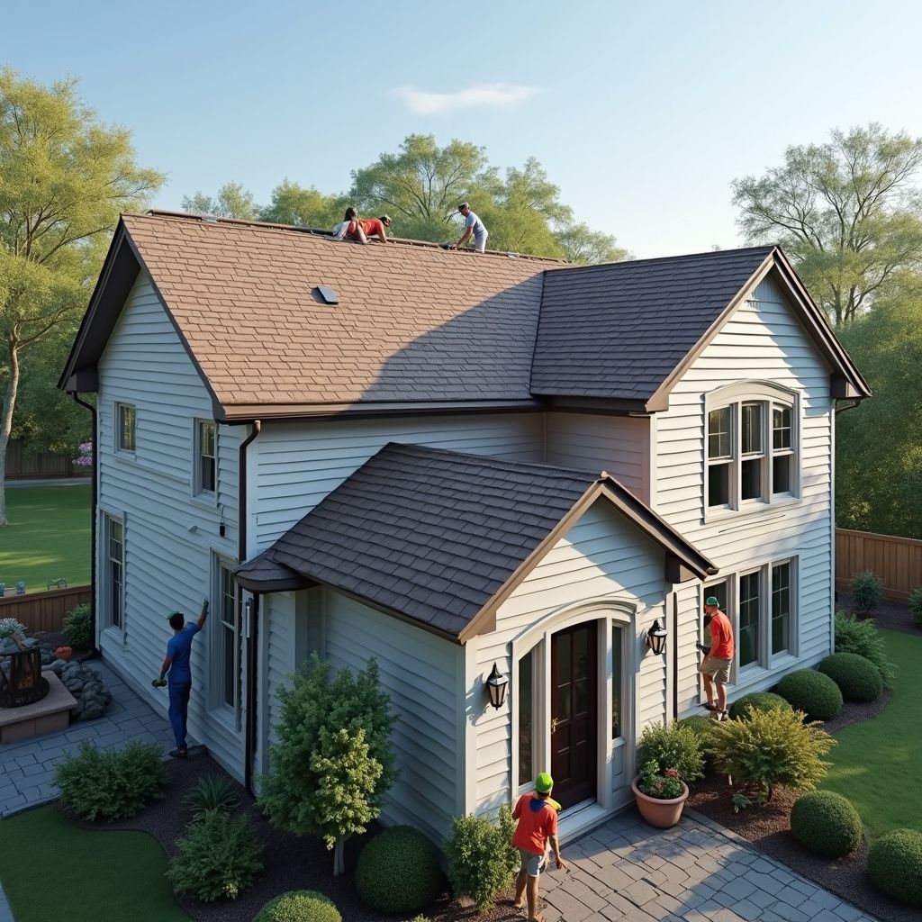 People working on a two-story house: roofing, painting, and landscaping. Bright, sunny day.