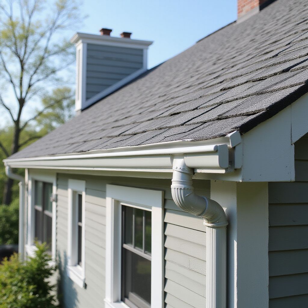 Gray roof and gutters on a light green house with windows and a chimney.