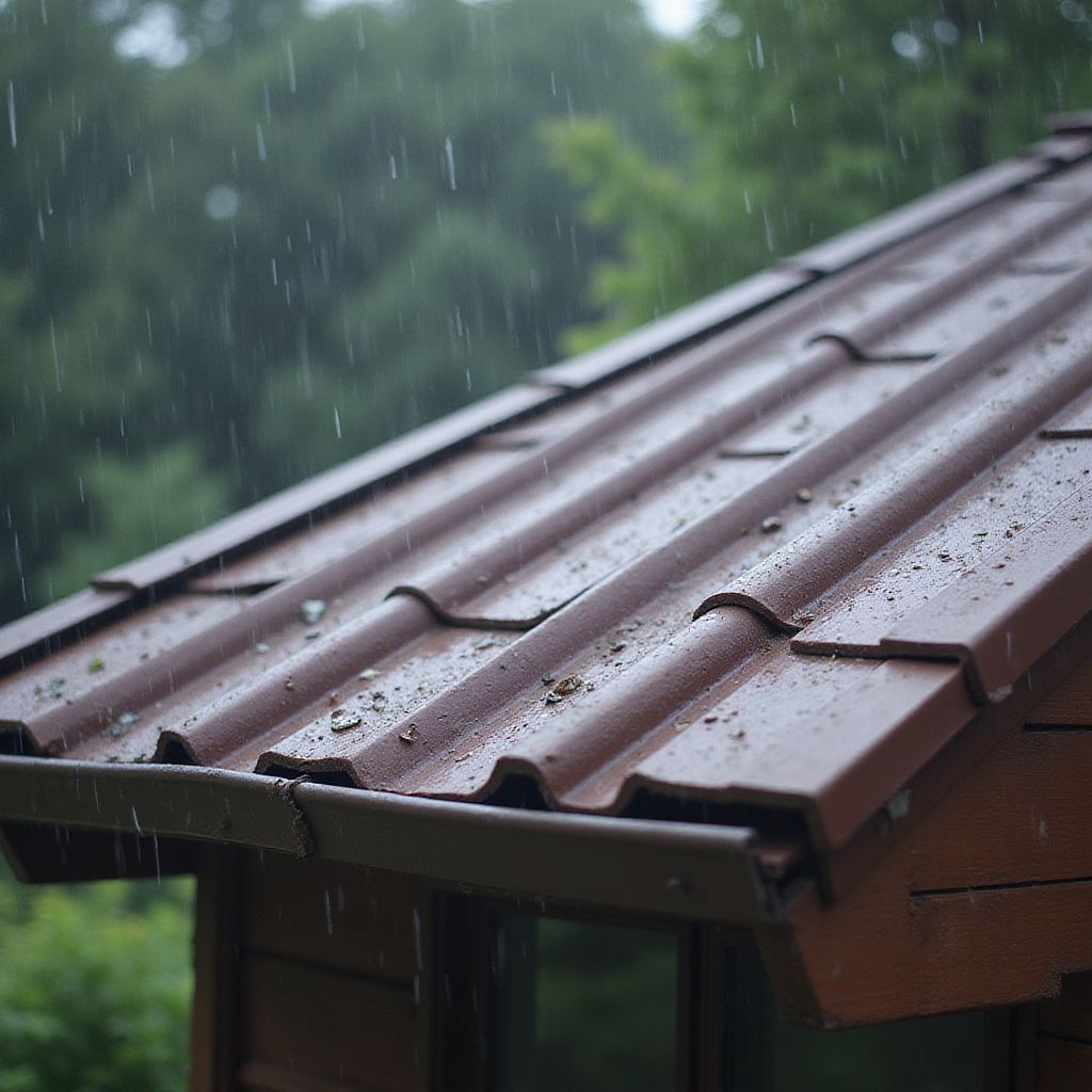 Close-up of a brown corrugated metal roof in the rain, with green trees in the blurry background.