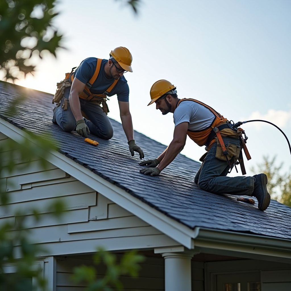 Two roofers in hard hats working on a shingled roof under a sunny sky.