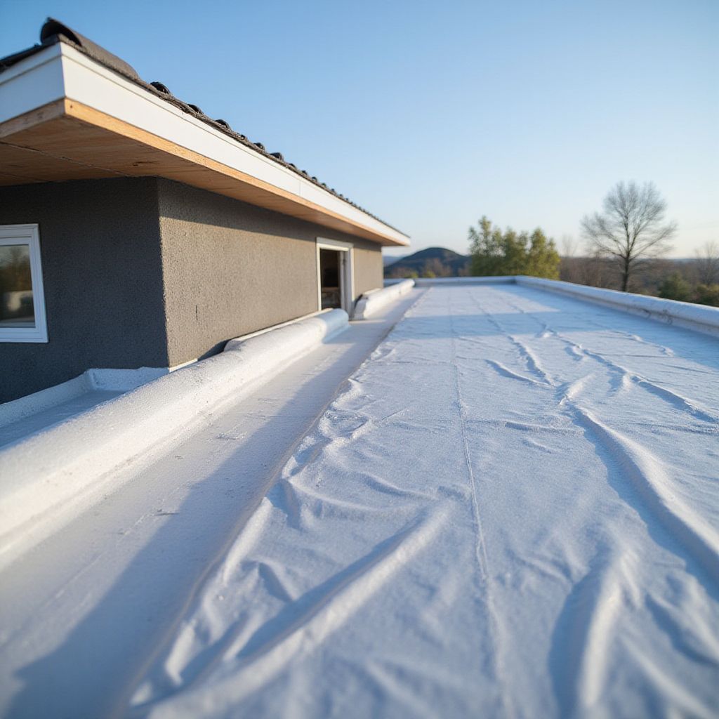 White membrane roof with wrinkles, next to a gray stucco wall, under a clear sky.