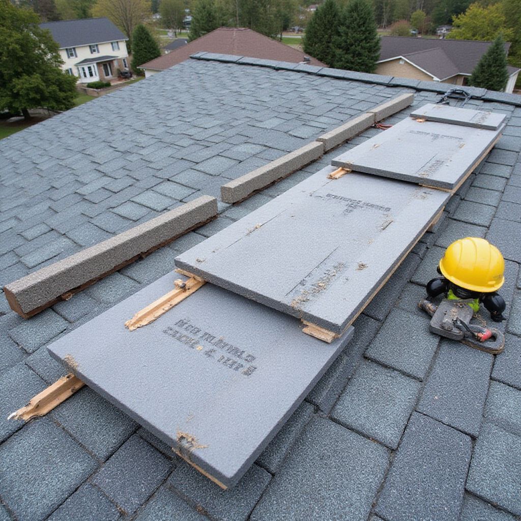 Roofing platform on a shingled roof with a construction figure in a hard hat, and surrounding residential neighborhood.