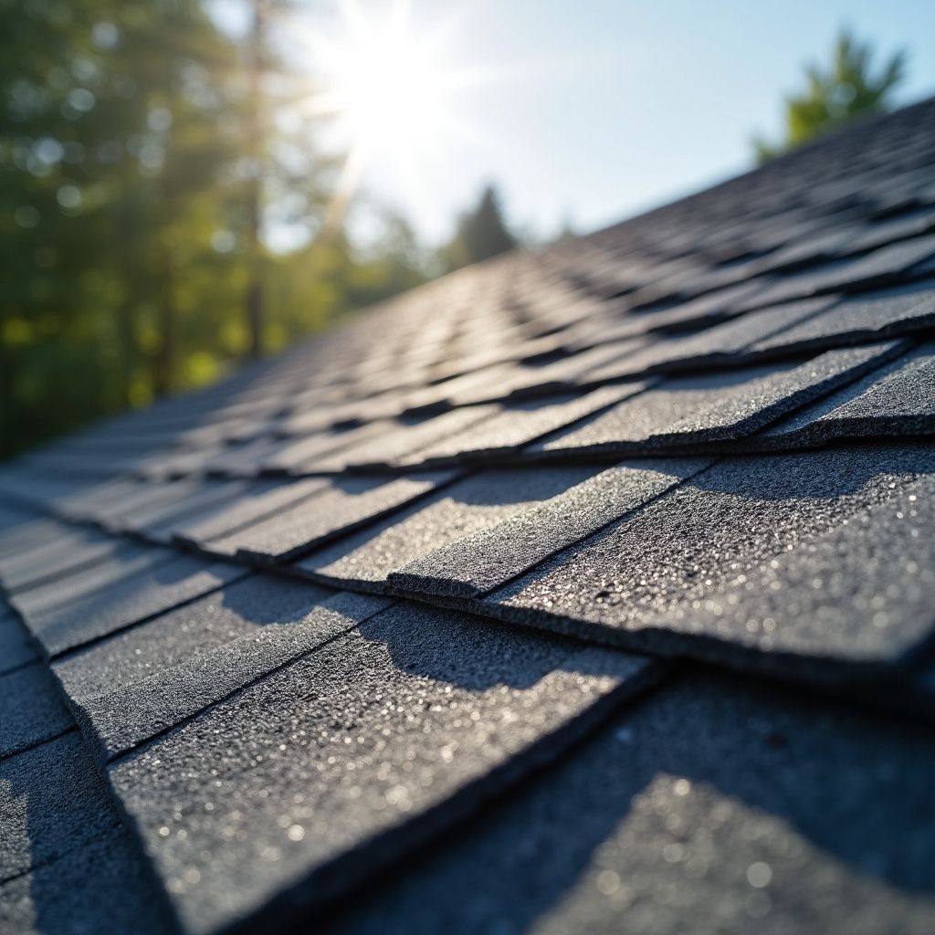 Close-up of a shingled roof with sunlight shining, forest background.