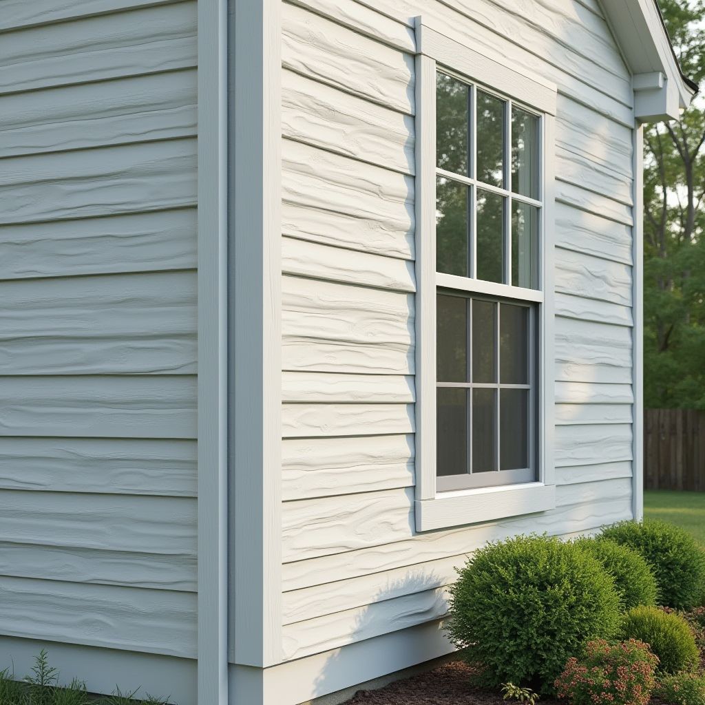 White siding and window on a house corner, with shrubs and a lawn.
