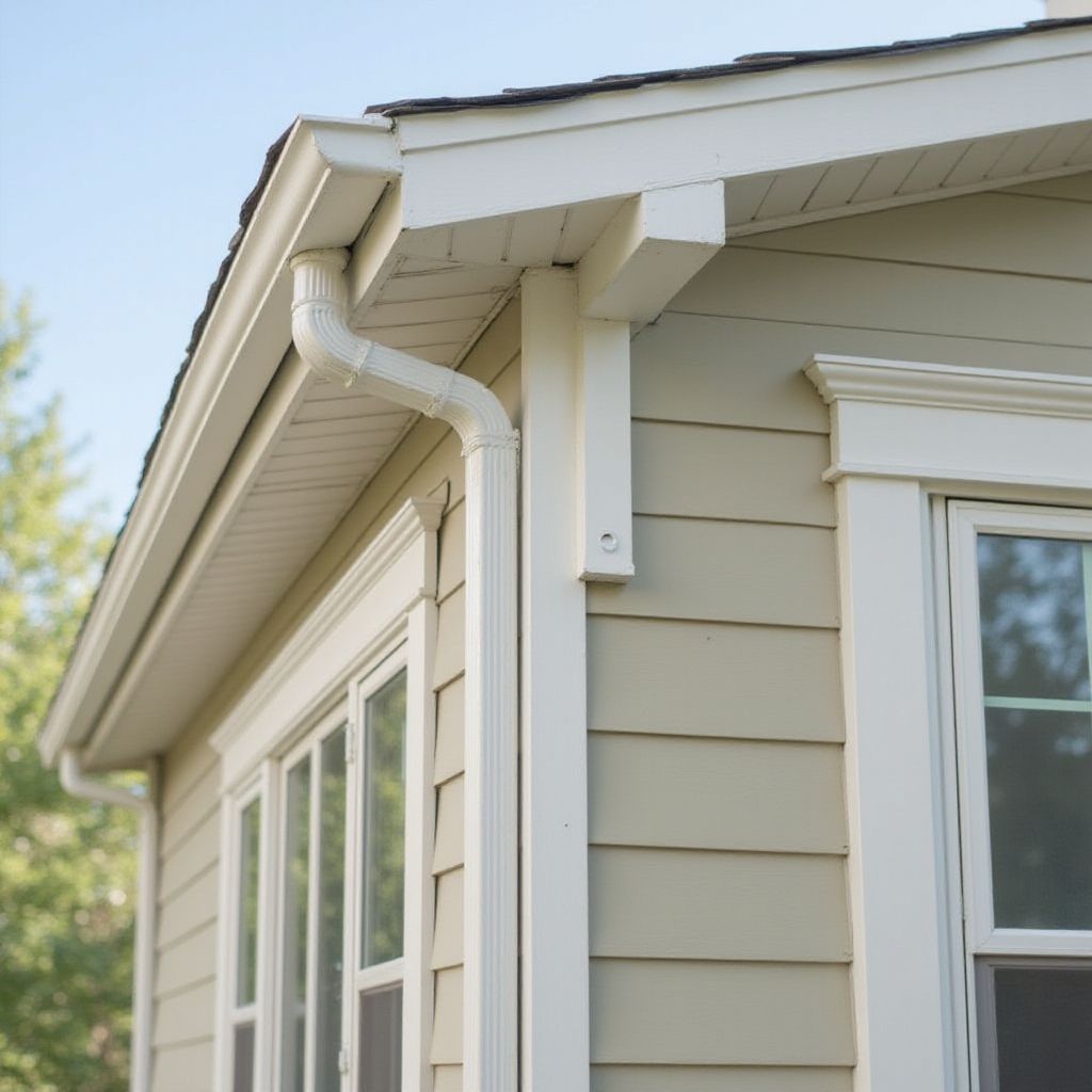 Corner of a house with light green siding, white trim, gutters, and windows against a blue sky.