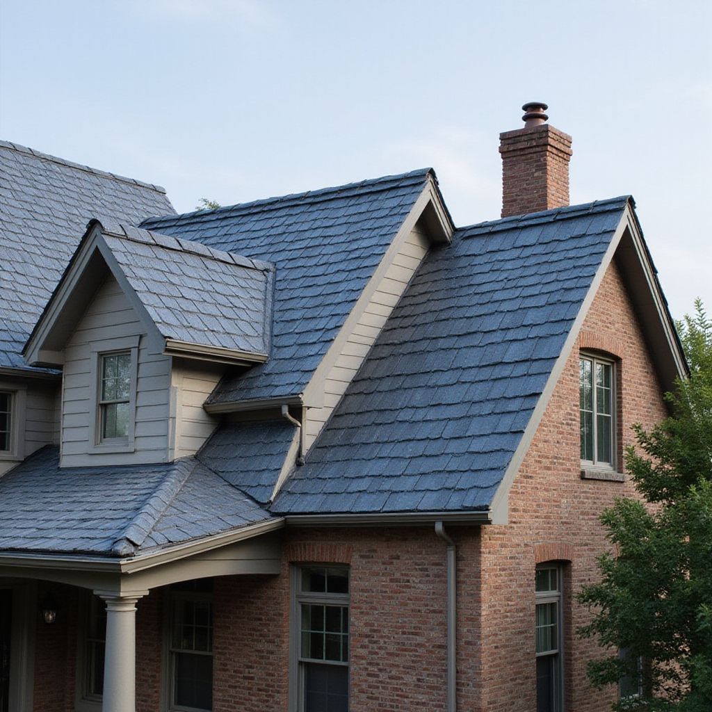 Brick house with blue-gray shingle roof, chimney, and dormer.