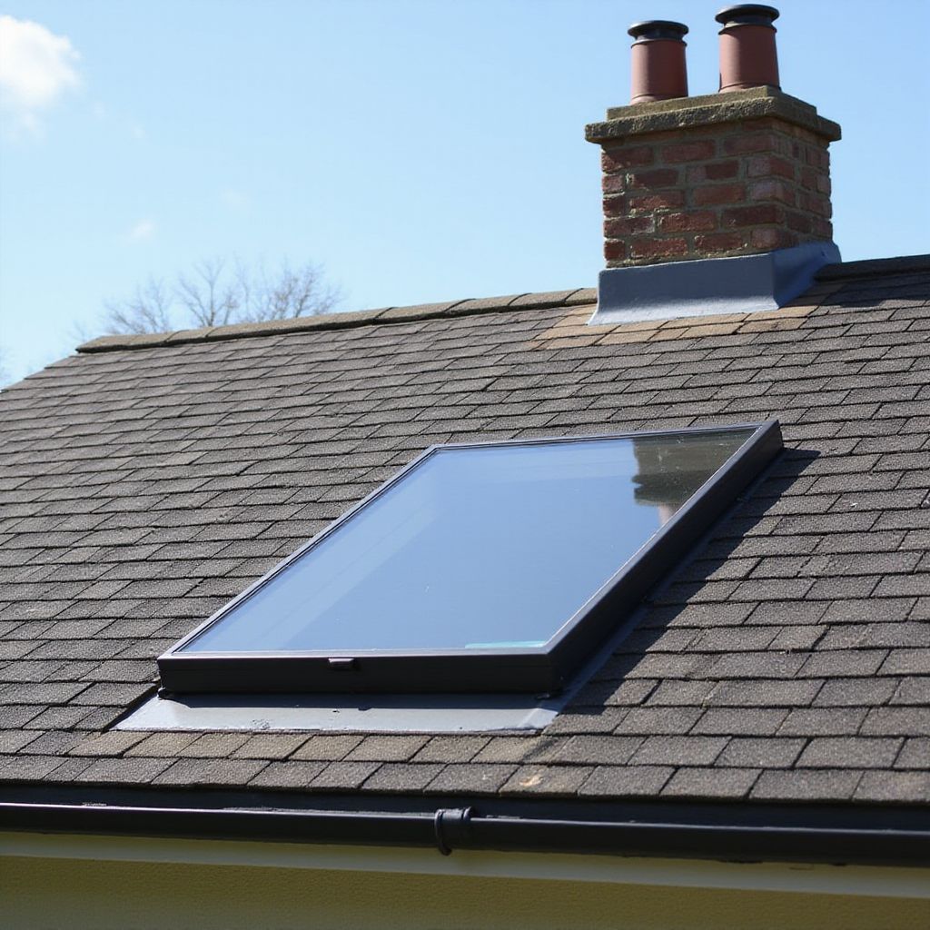 Skylight on a brown shingled roof with a brick chimney and blue sky.