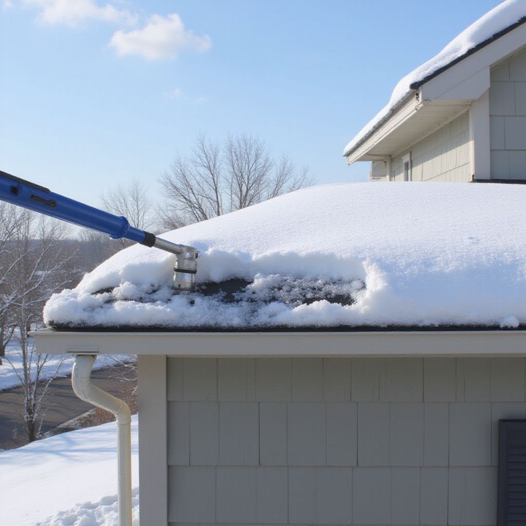 Person using a long-handled snow roof rake to remove snow from the roof of a light-colored house.