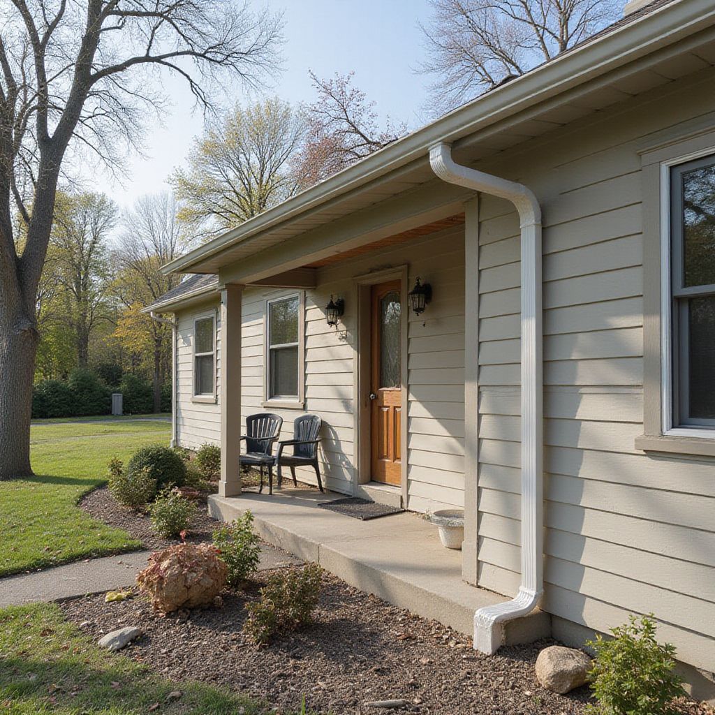 Tan house with a concrete porch, two chairs, and a brown door. Green lawn and trees in the background.