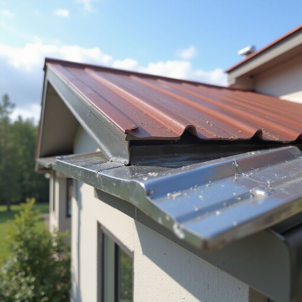Close-up of a brown metal roof and silver gutter on a light-colored house exterior, against a blue sky.