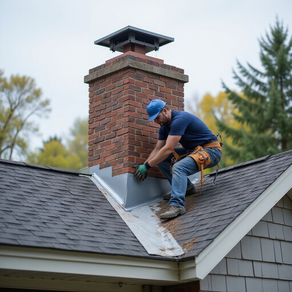 Roofer on a roof near a brick chimney, installing flashing. Wearing a blue hard hat and working gloves. Cloudy day.