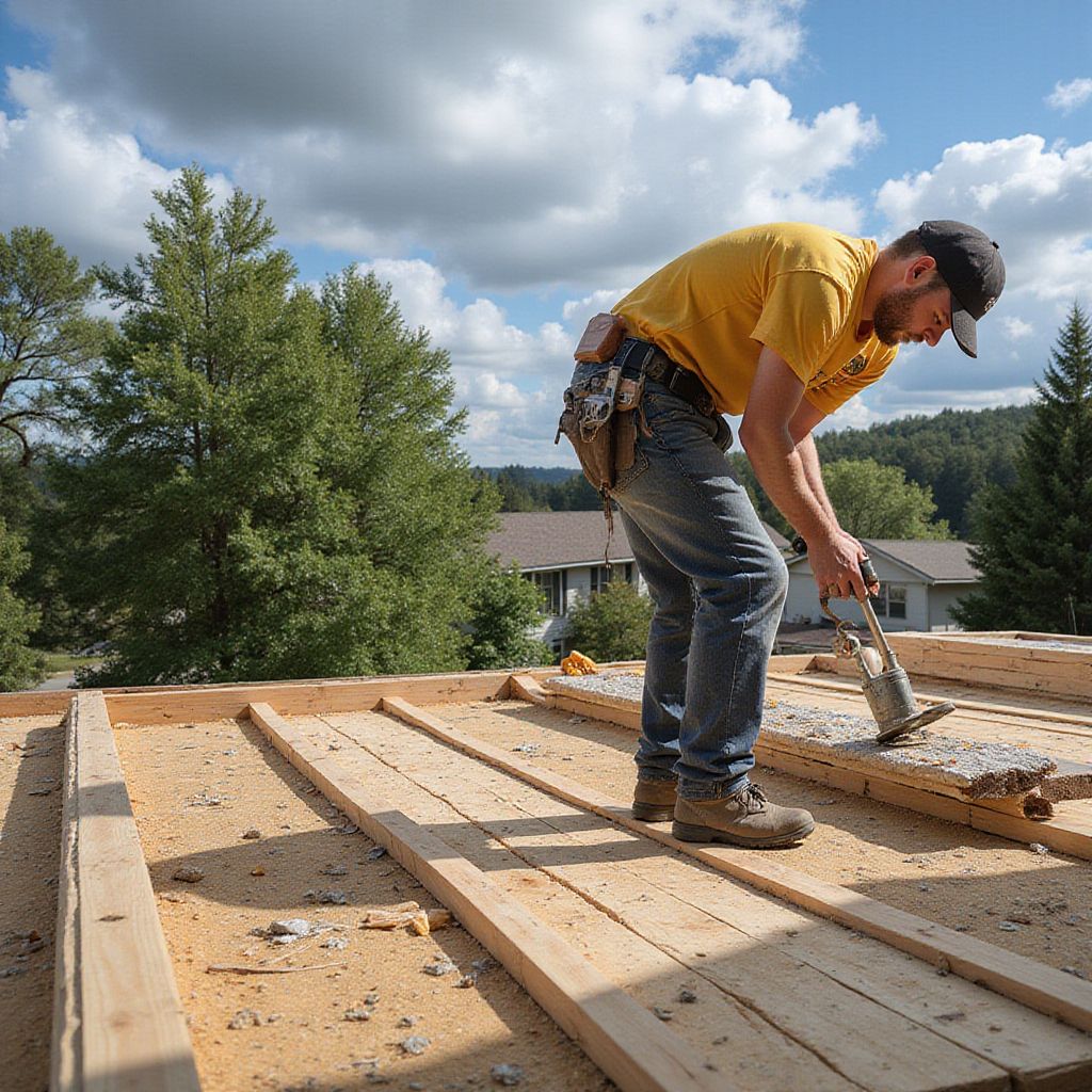Carpenter working on a roof, using a nail gun. He is wearing a yellow shirt, jeans, and a cap. Outdoors, sunny.
