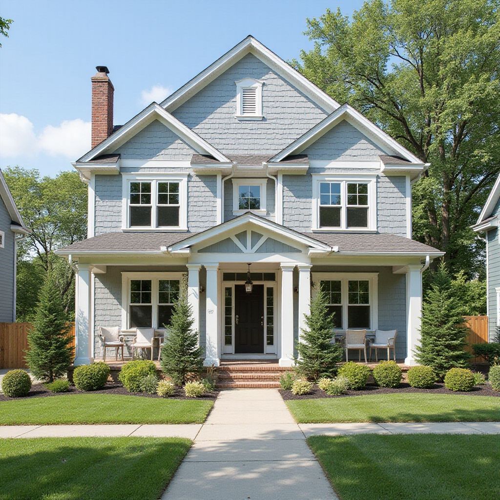 Two-story Craftsman-style house with gray siding, white trim, porch, and a brick chimney.