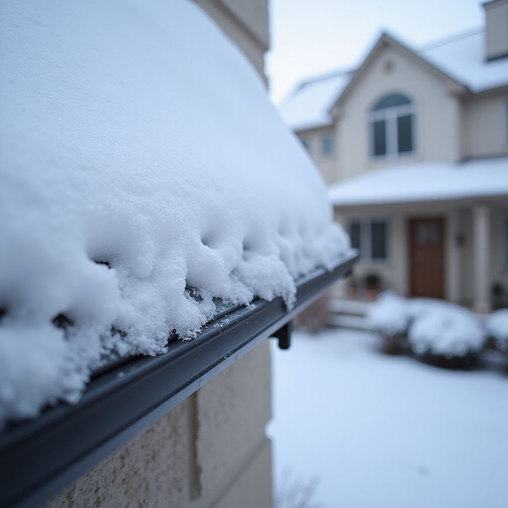 Snow-covered roof and gutter on a beige house during winter.