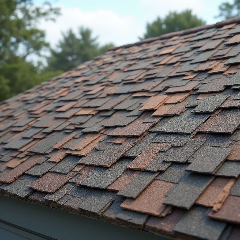 Close-up of a shingled roof with overlapping brown and grey asphalt shingles.