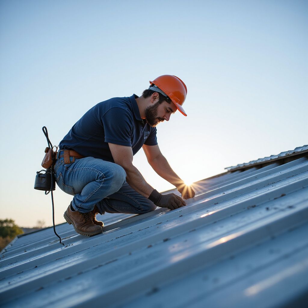 Roofer in orange hard hat works on a metal roof, sunny day.