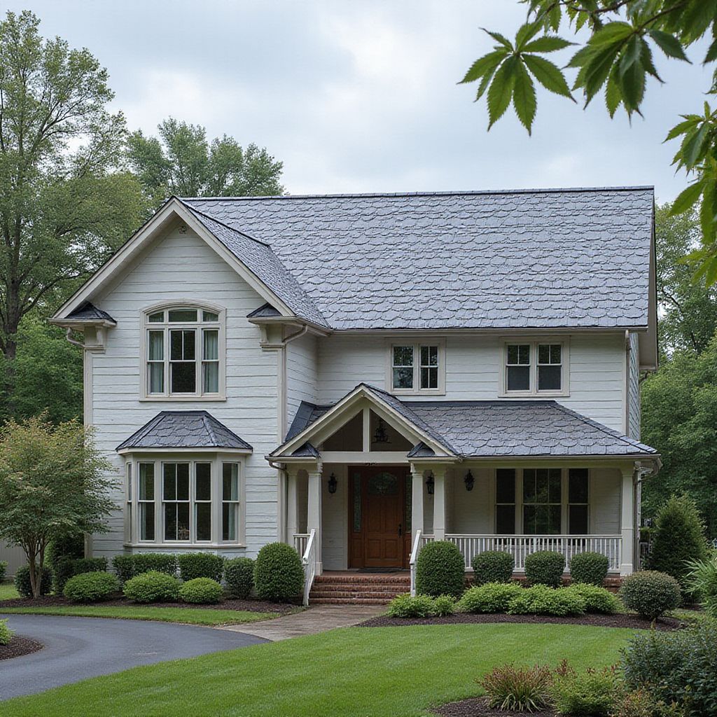 White two-story house with gray roof, front porch, and landscaped yard.