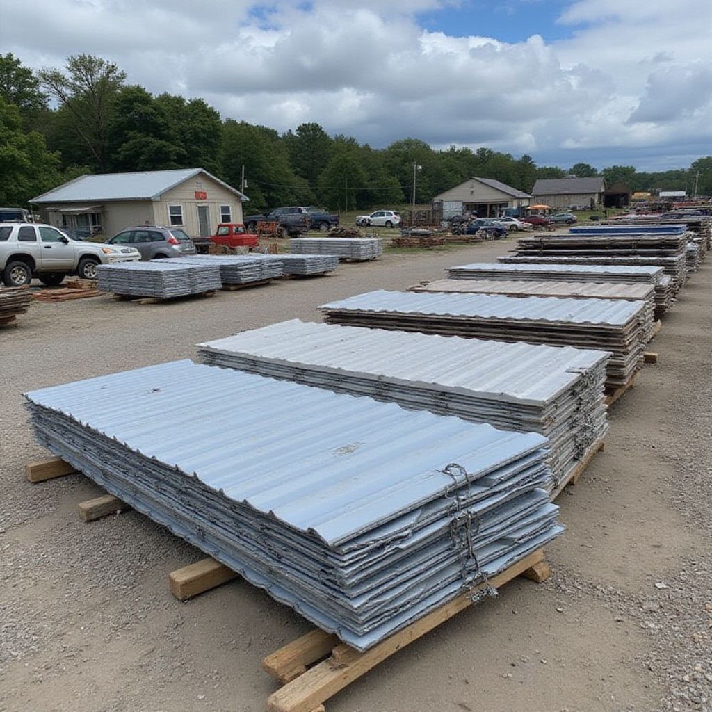 Stacks of corrugated metal sheets on wooden pallets, outdoors. Buildings and parked cars visible in background.