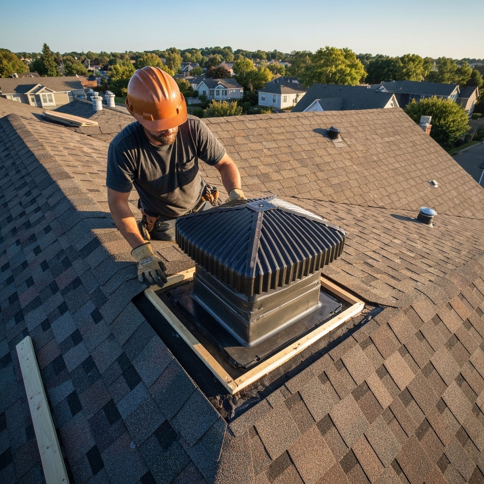 Roofer in orange helmet installing a black roof vent on a shingled roof with houses in the background.