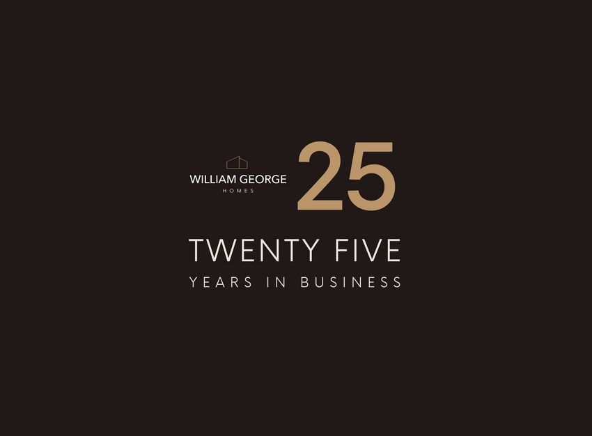 Dark brown background with the number 25 in gold, and the words