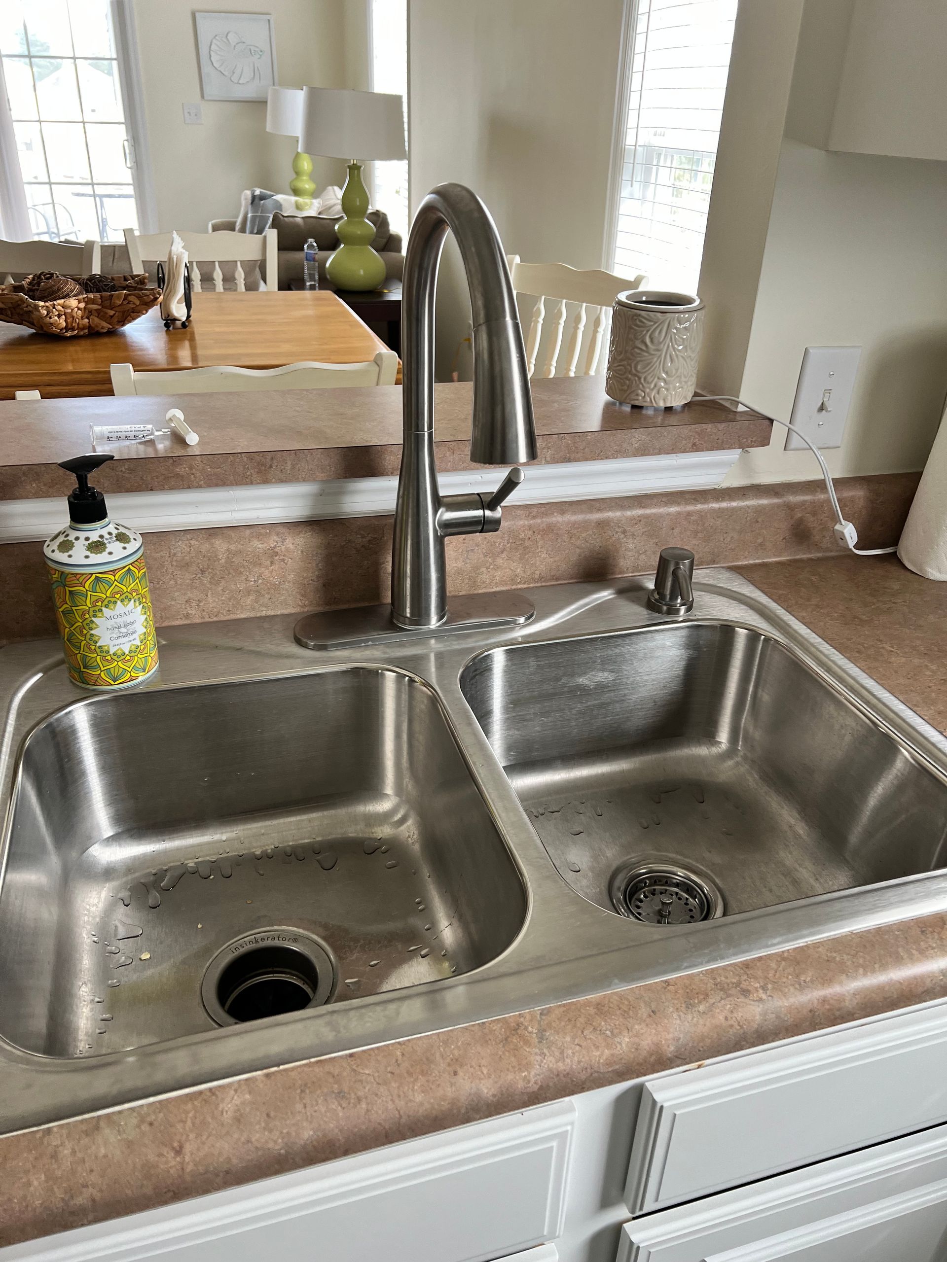 Stainless steel kitchen sink with a high-arched faucet.