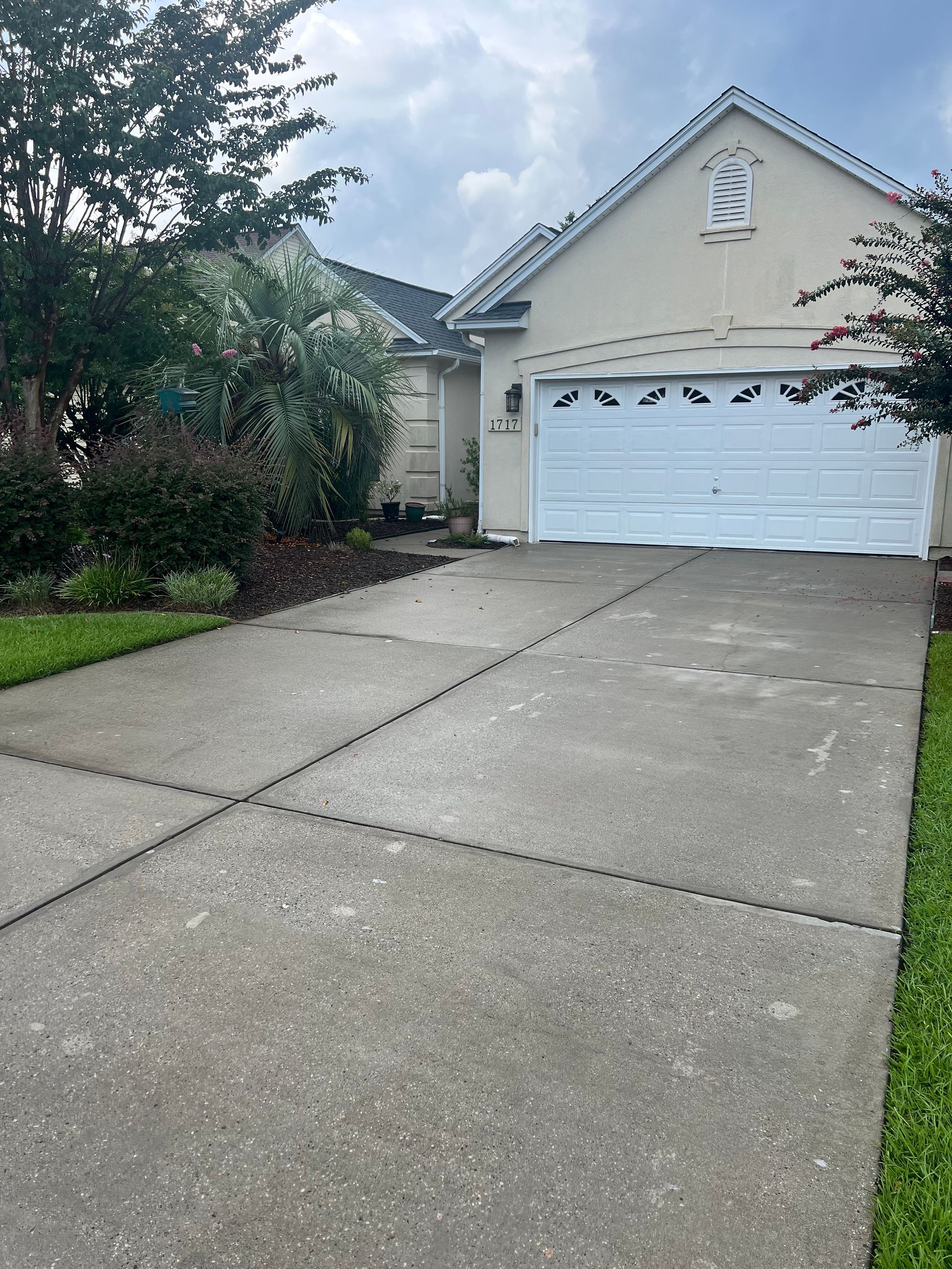 Concrete driveway leads to a light-colored house with a white garage door; green bushes line the yard.