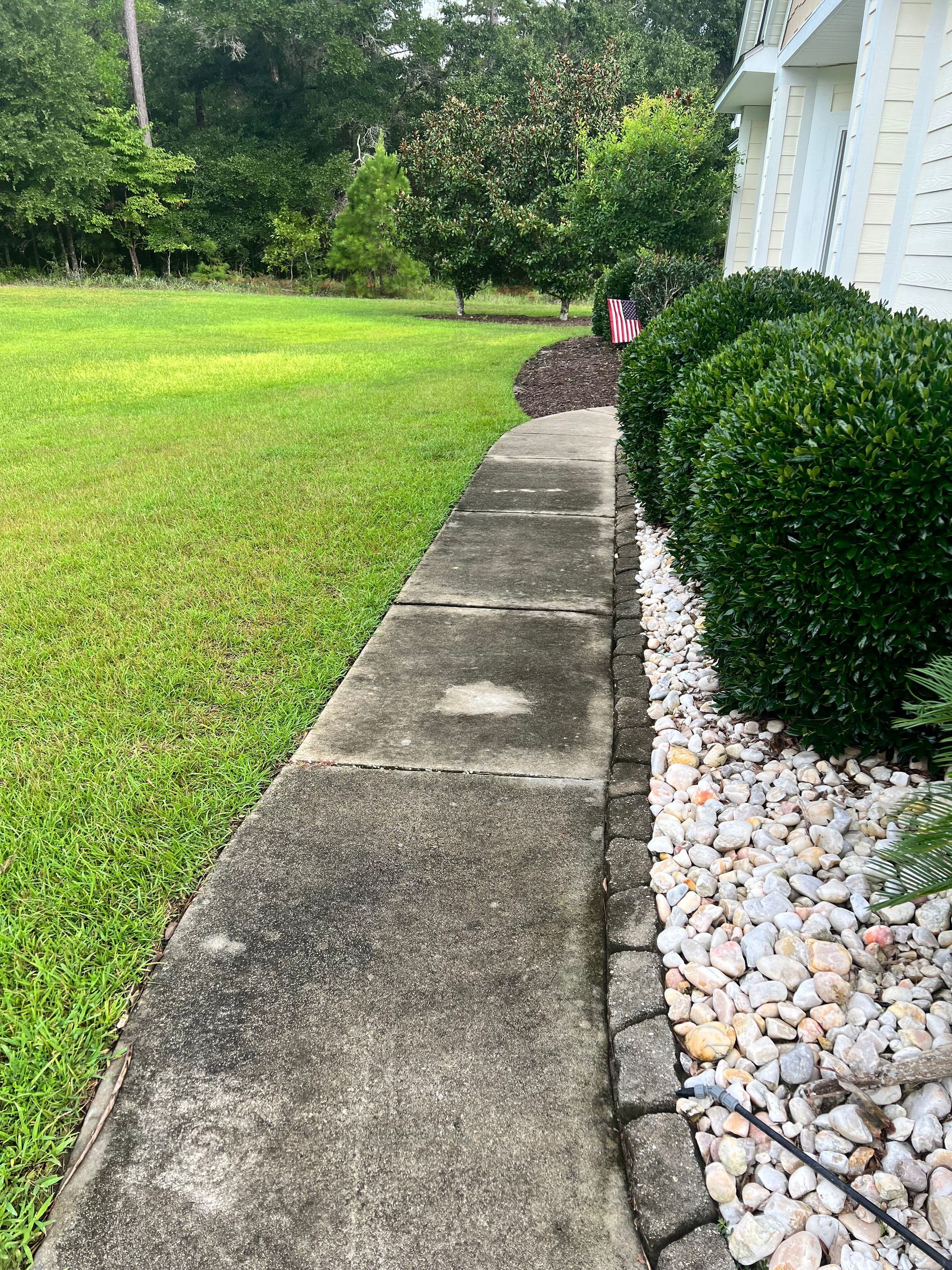 Concrete sidewalk next to manicured bushes and a lawn. Pebbles border the plants; trees in the background.