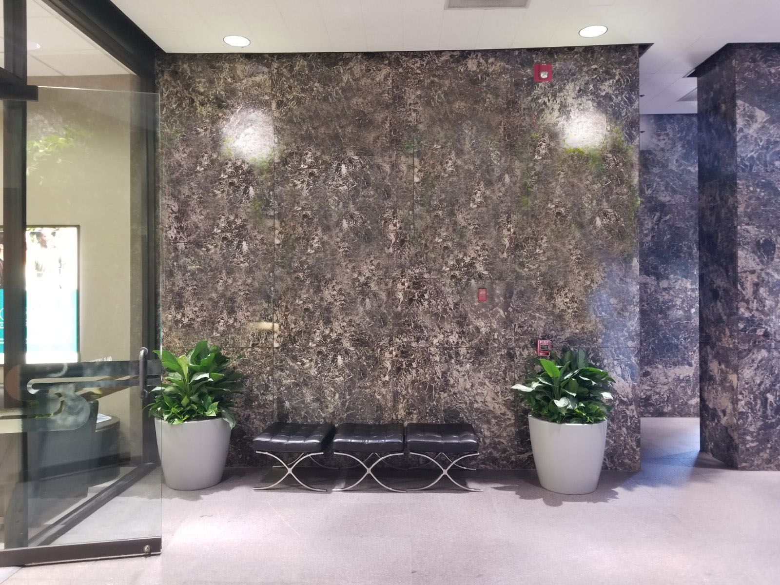 Empty white wall flanked by dark gray columns; beige floor and ceiling lights.