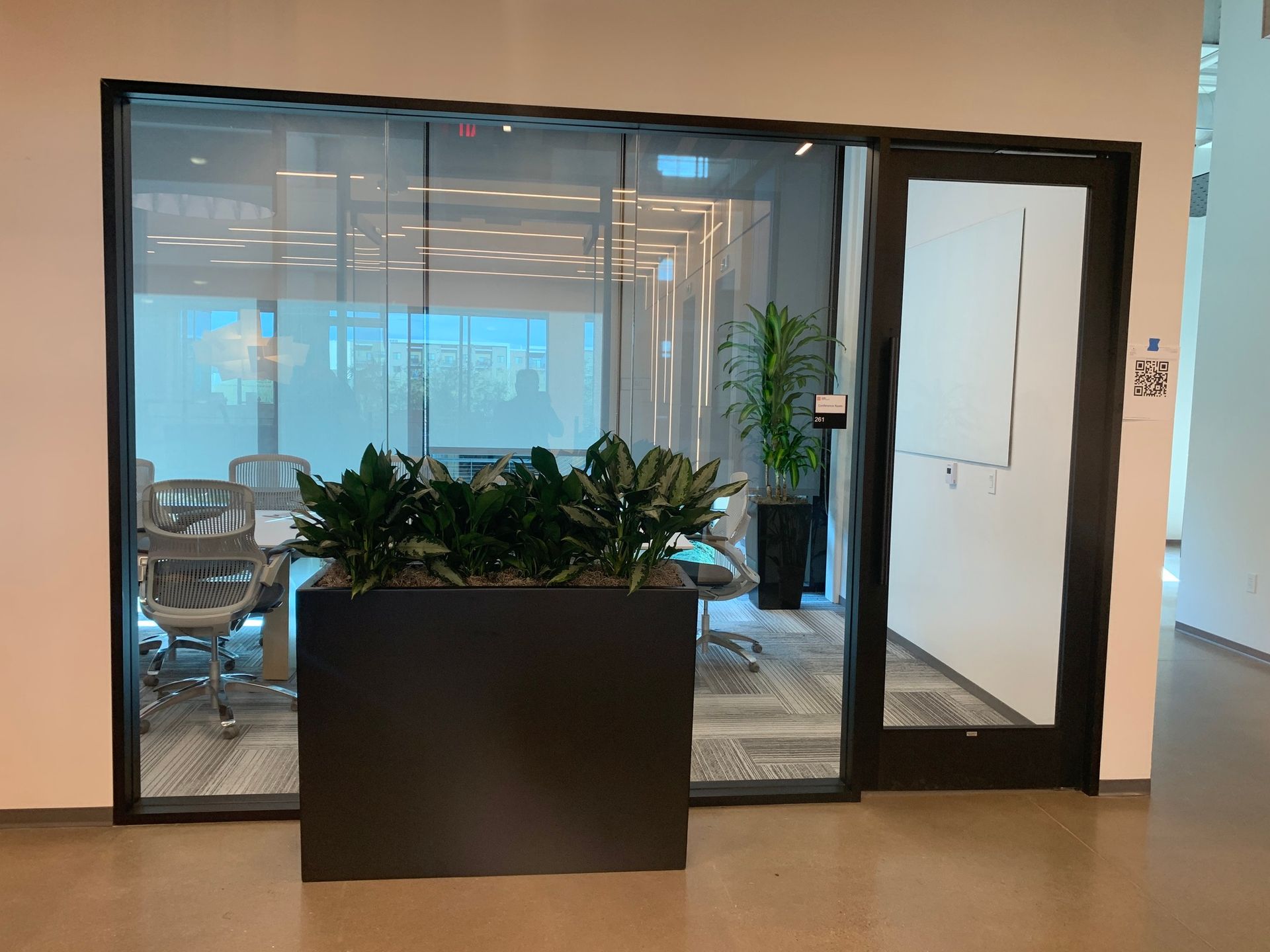 Modern office with glass walls, black planter box with greenery, and a closed door.
