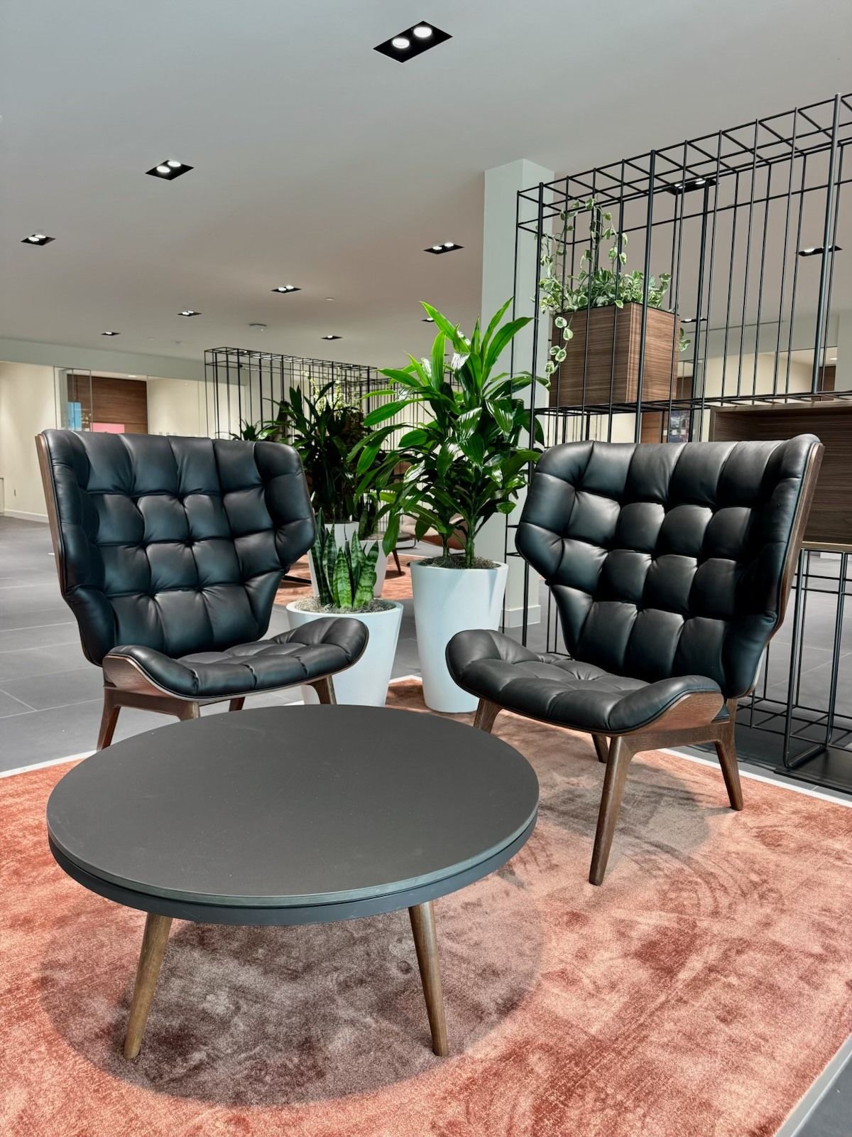 Two tufted black leather chairs and a round table on a rug with plants in a modern interior.