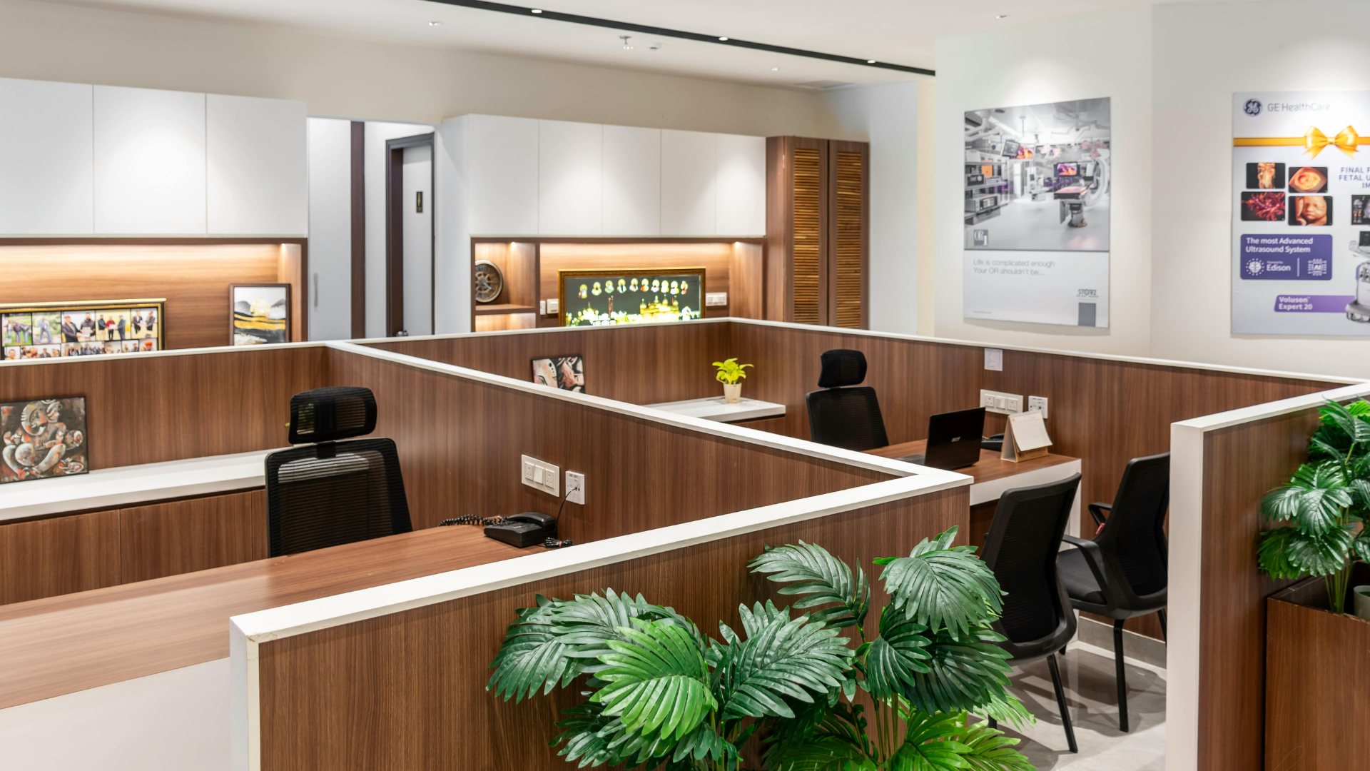 Office cubicles with wood paneling, black chairs, and plants. White cabinets and a poster are in the background.