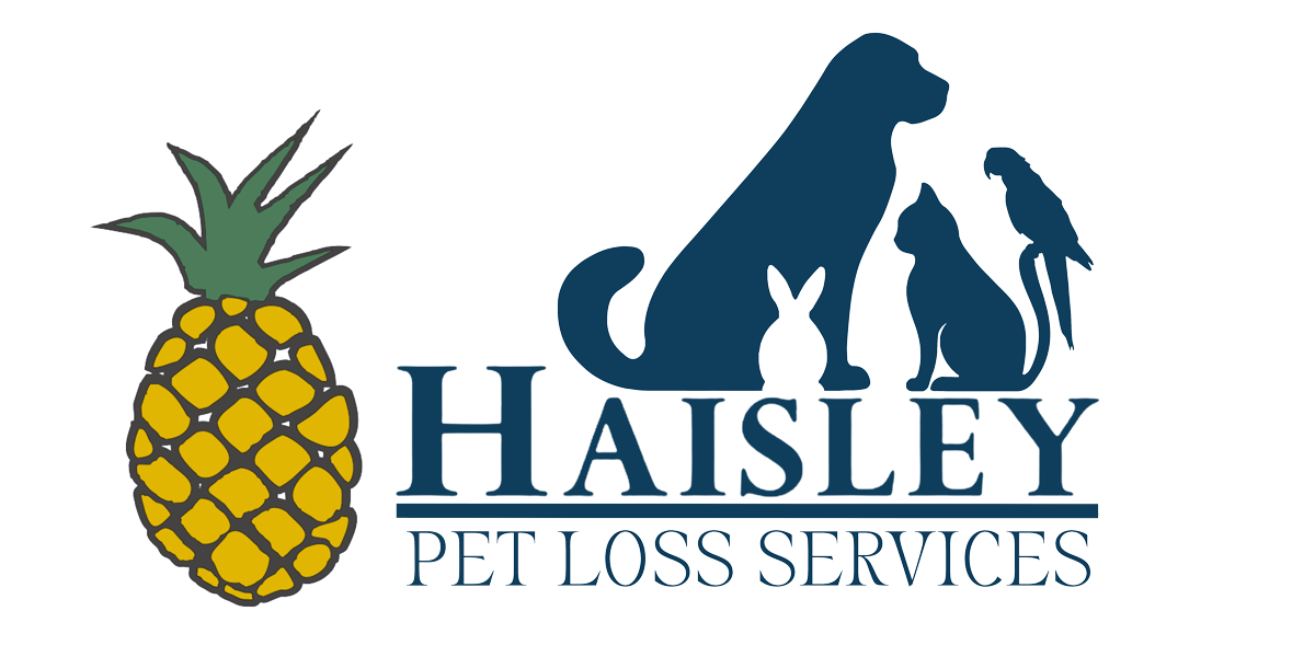 Logo: Pineapple next to a blue silhouette of dog, rabbit, cat, and bird with text "Haisley Pet Loss Services."