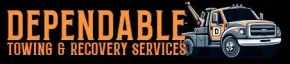 Logo for Dependable Towing & Recovery Services featuring tan block lettering and a grey tow truck on a black background.