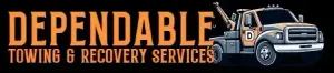 Logo for Dependable Towing & Recovery Services featuring tan block lettering and a grey tow truck on a black background.