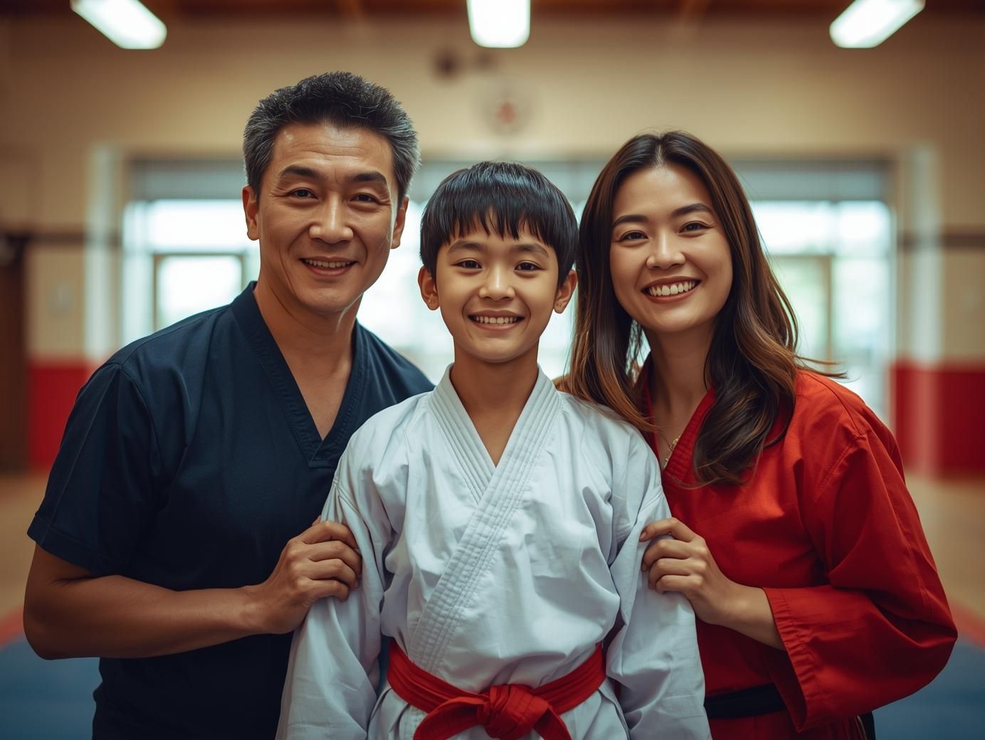 A man and woman are holding a little boy in a karate uniform.