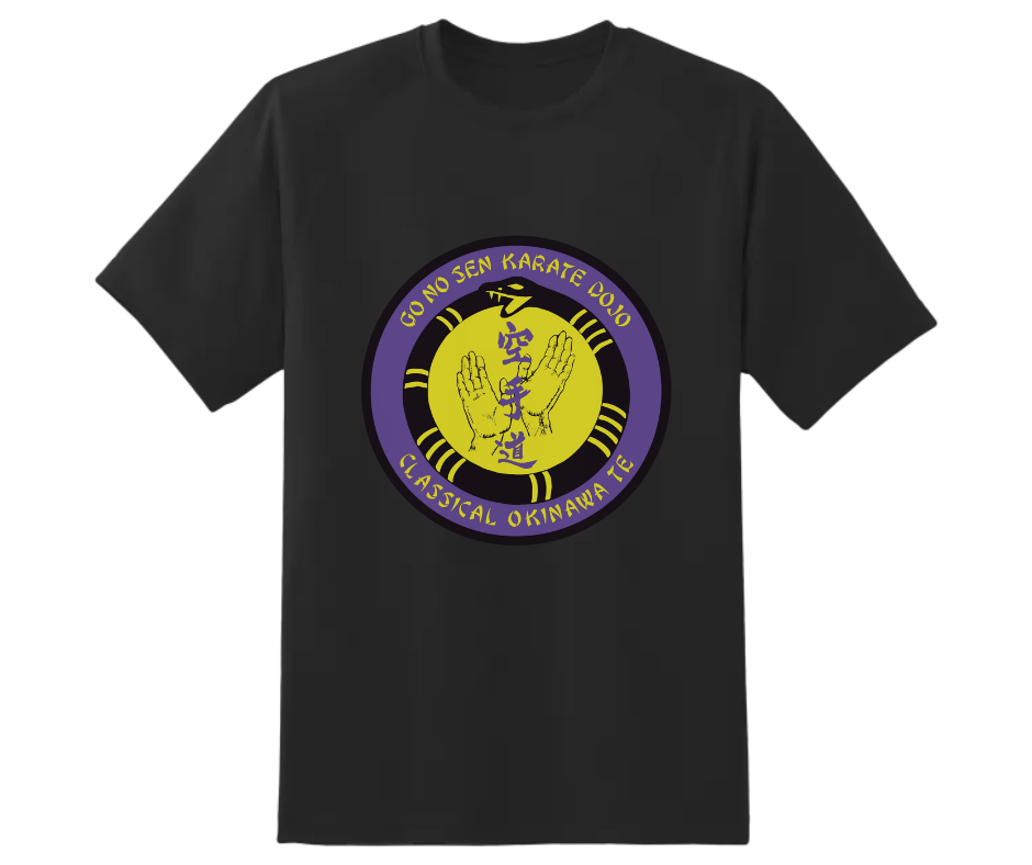A black t-shirt with a yellow and purple logo on it