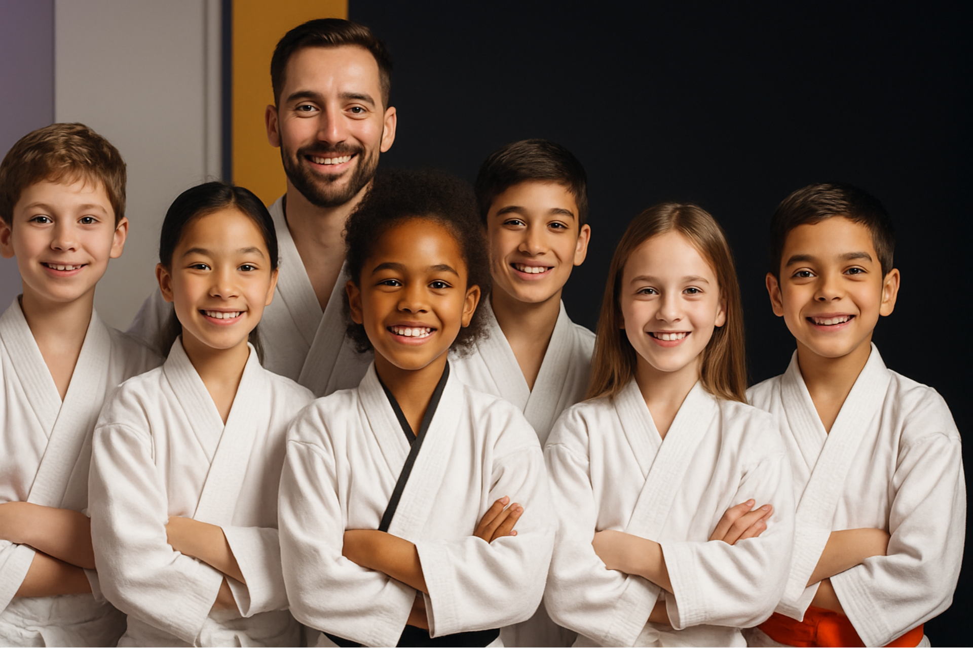 A group of young children are sitting on a mat in a karate class