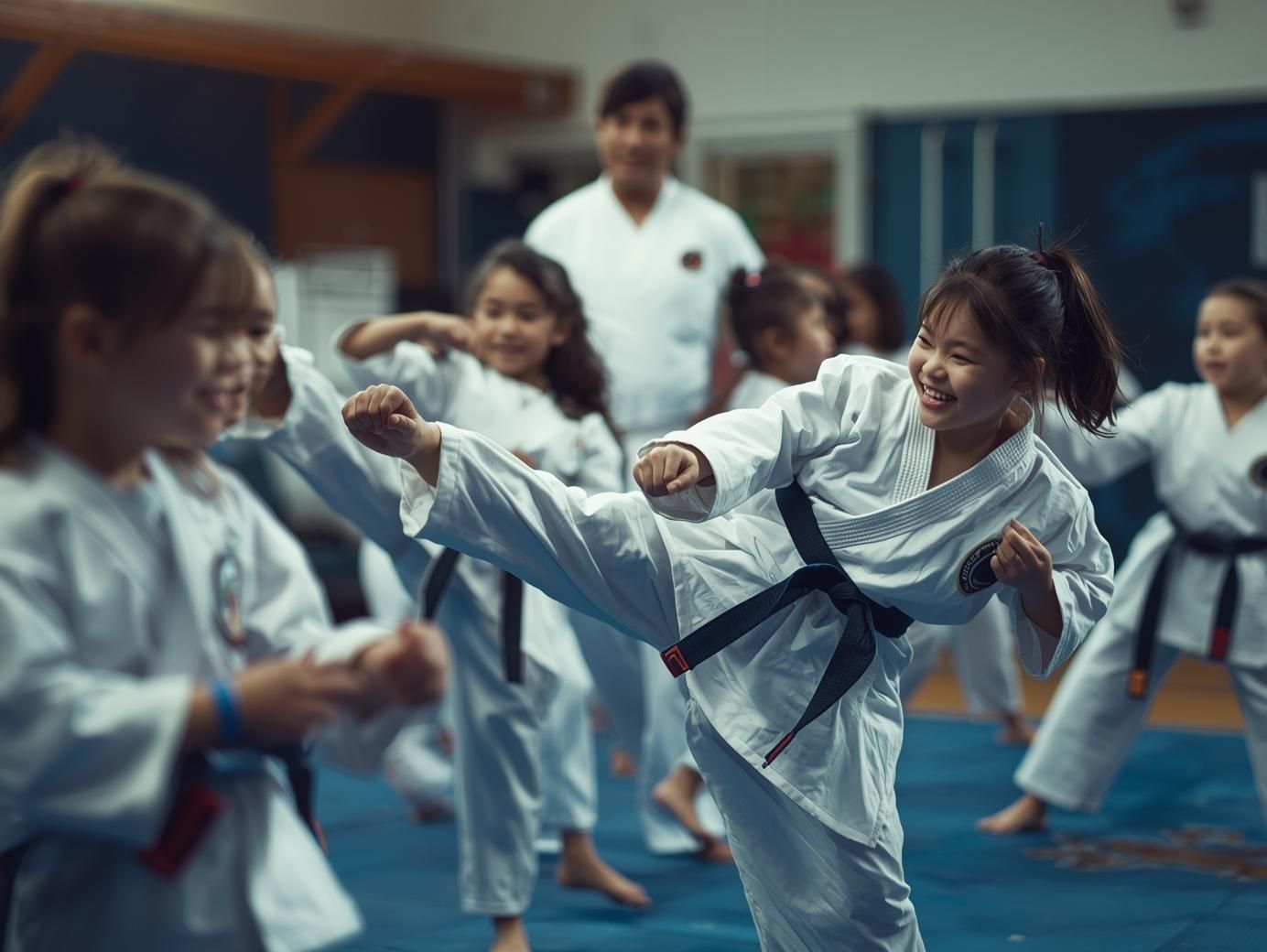 A woman is holding a child who is wearing a purple belt