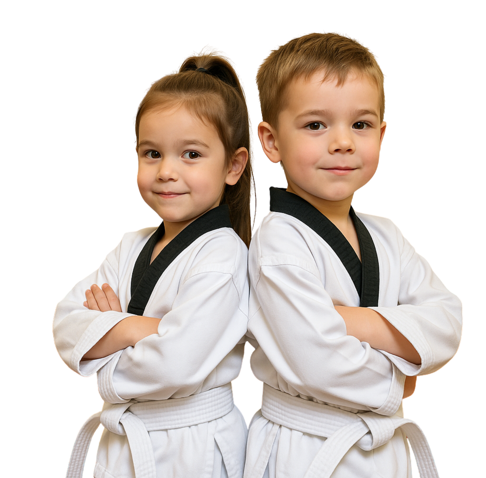 a young boy and a girl wearing karate uniforms are standing back to back and smiling