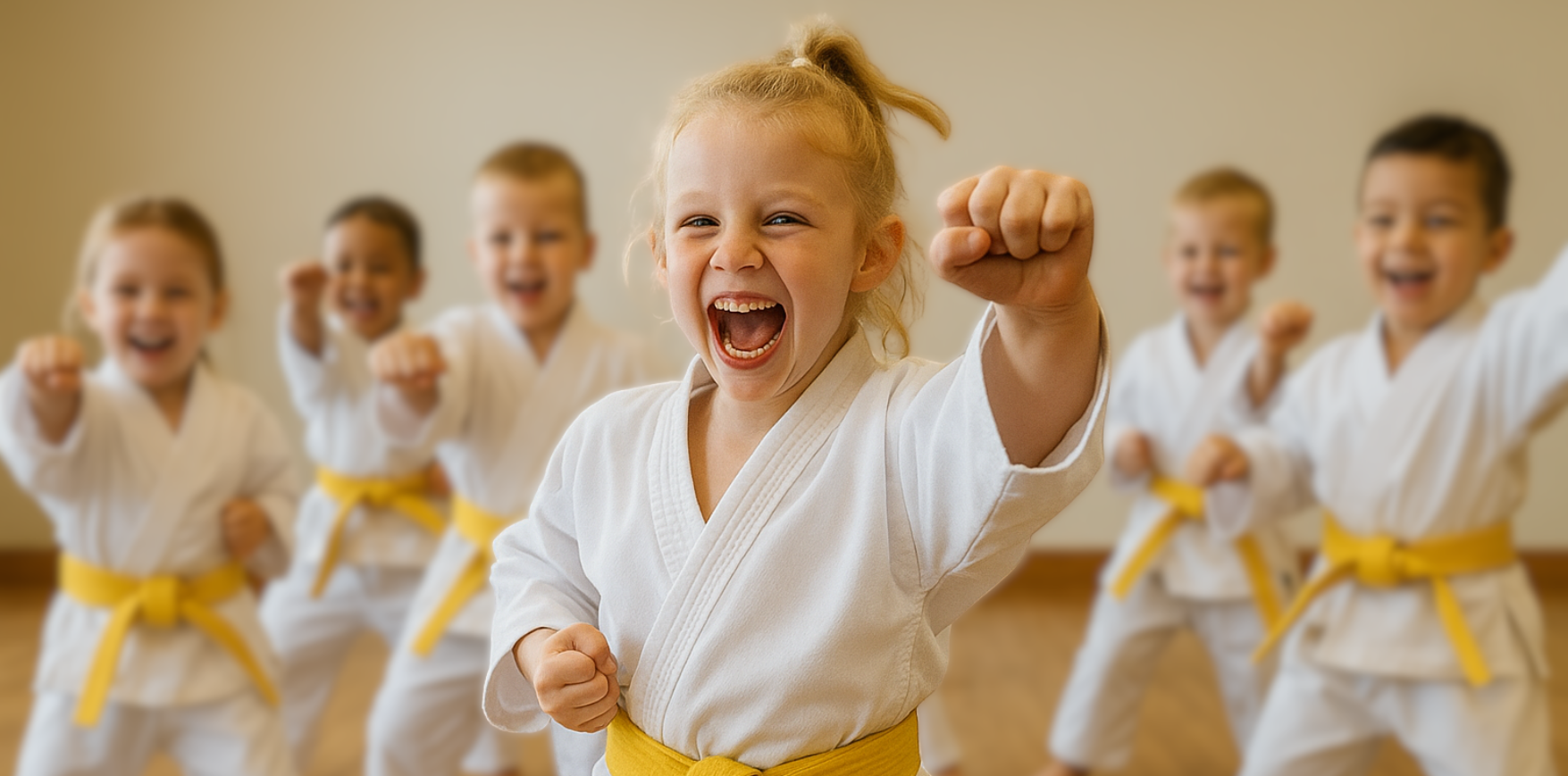 A group of young children wearing karate uniforms and purple belts.