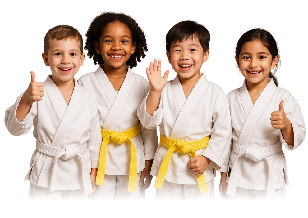 A group of children wearing white karate uniforms are giving a thumbs up