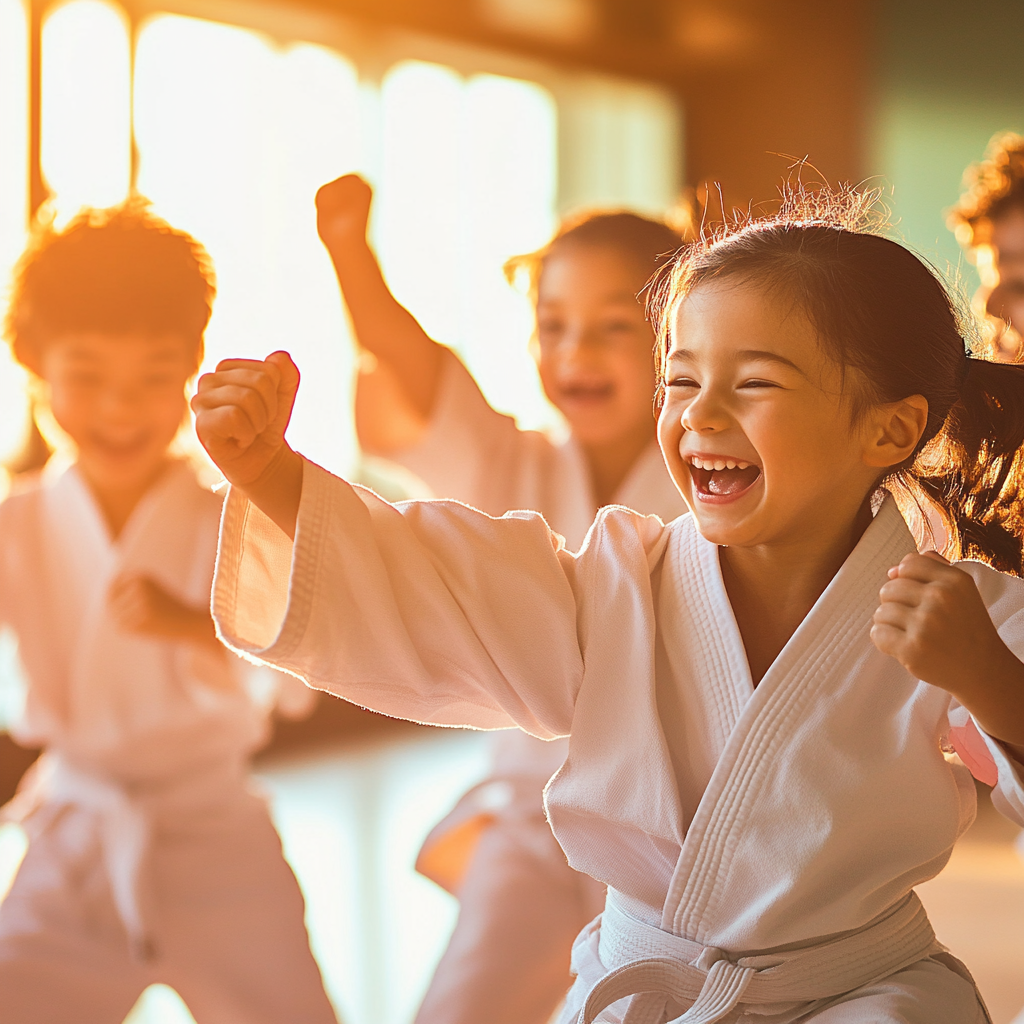 A boy and a girl are standing next to each other in karate uniforms