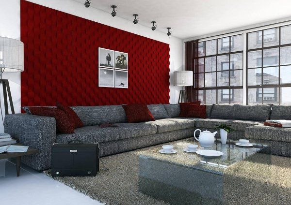 soggiorno moderno con decorazione di parete, divani, cuscini , tavolo in vetro apparecchiati e arredo casa