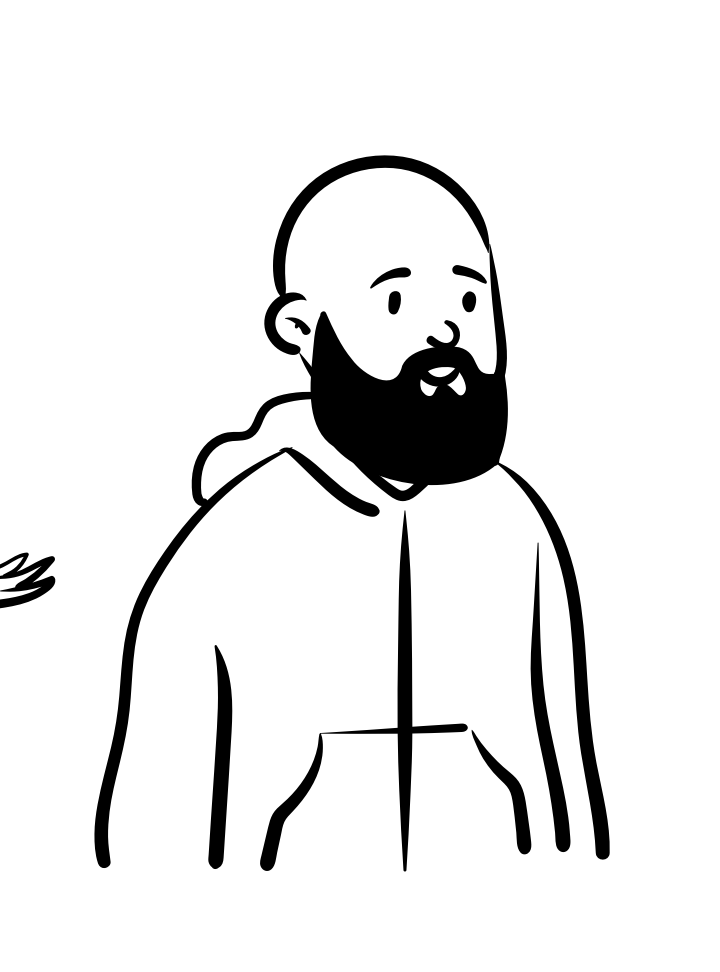 A black and white drawing of a bald man with a beard wearing a hoodie.