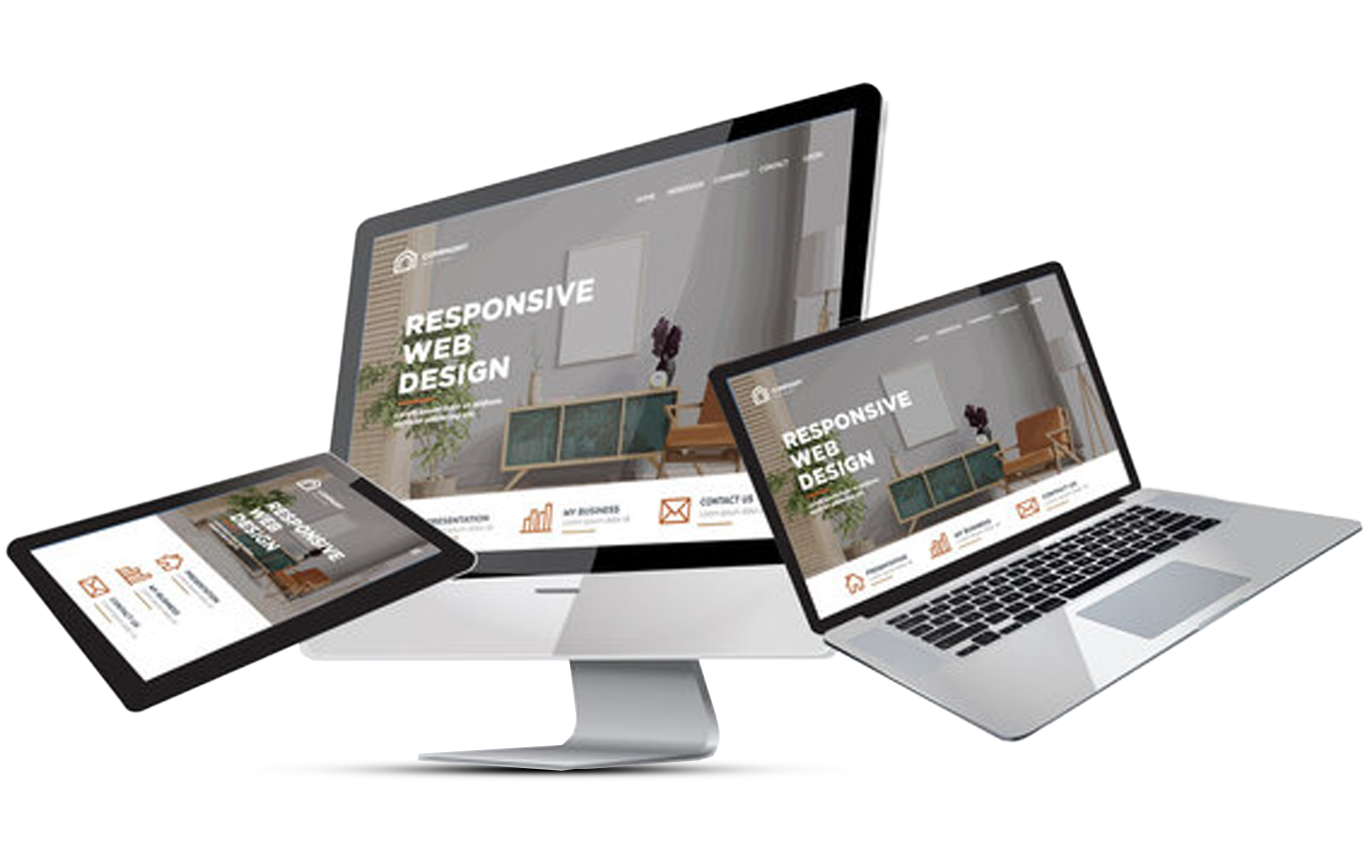 A laptop , tablet , and desktop computer displaying a website.