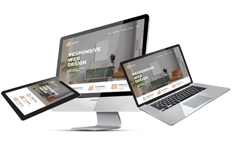 A laptop , tablet , and desktop computer displaying a website.