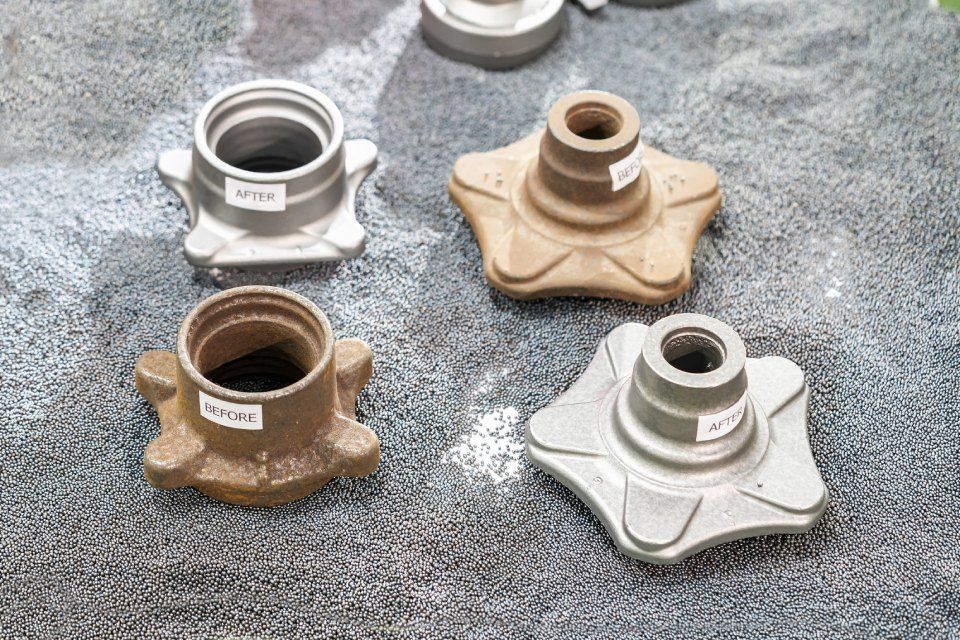 Quattro elementi in metallo fuso con basi a forma di stella e sommità cilindrica, nelle tonalità del grigio e del marrone, disposti su una superficie grigia.