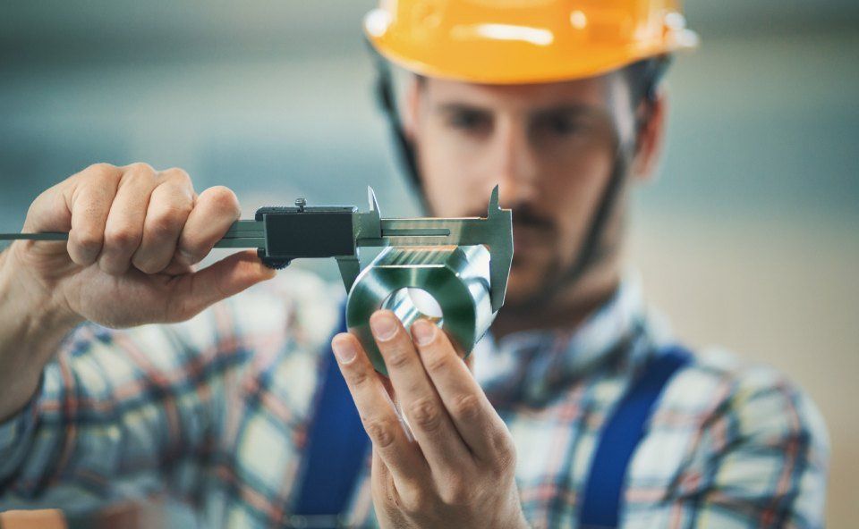 Uomo con casco che usa un calibro per misurare un componente metallico in una fabbrica.